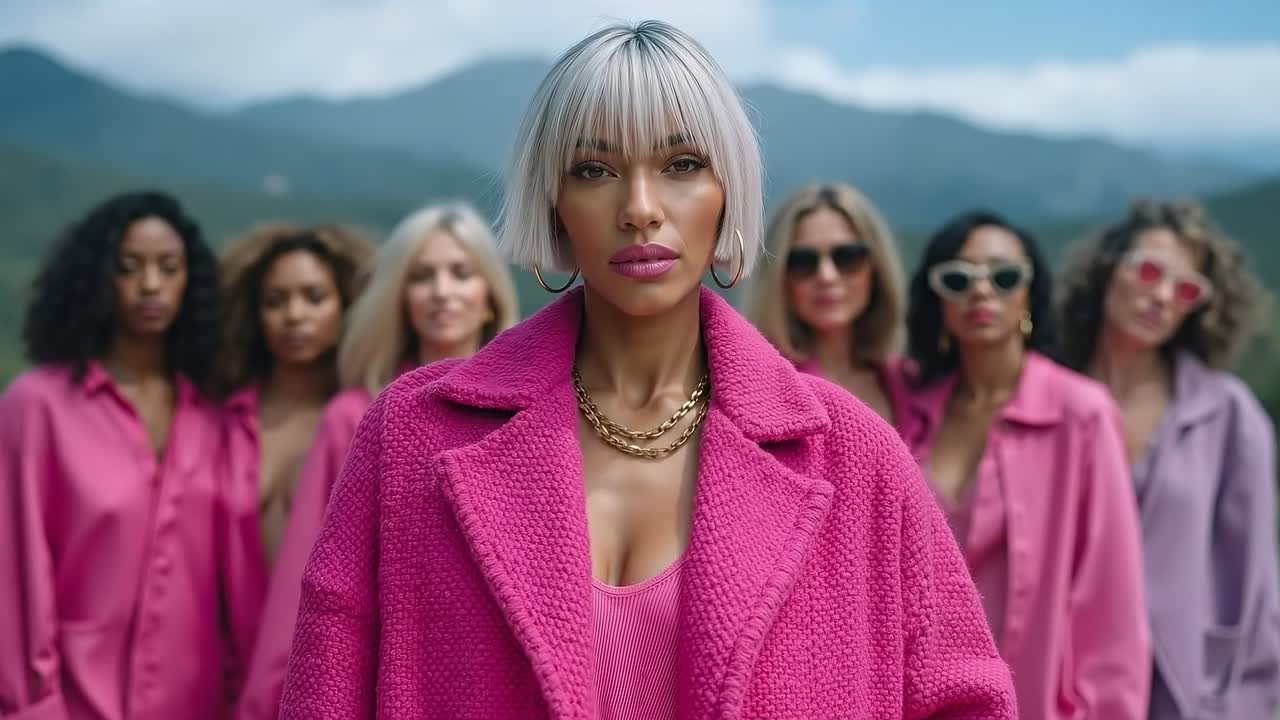A woman in a pink coat standing in front of a group of women