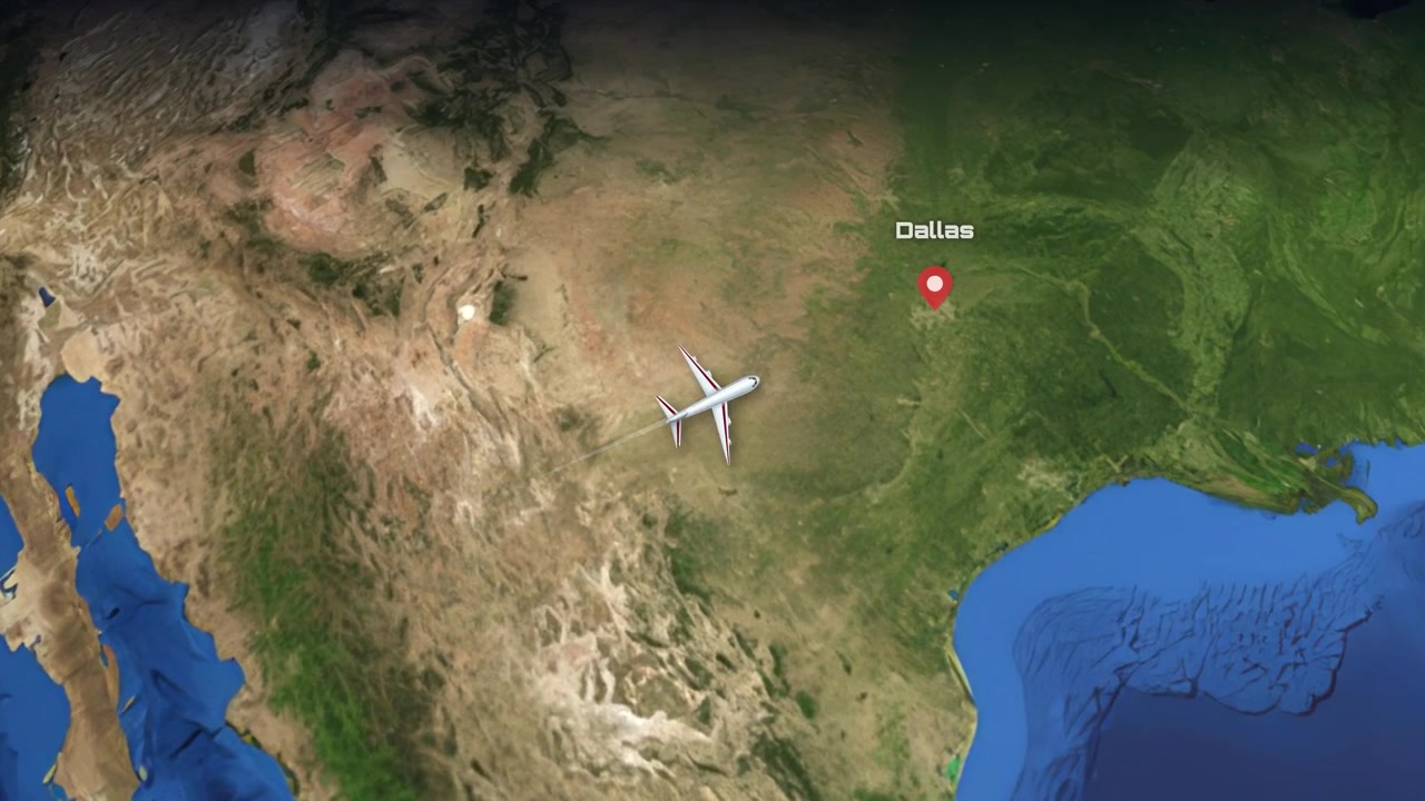 Satellite view animation follows a commercial airplane flying from Melbourne to Dallas across the globe