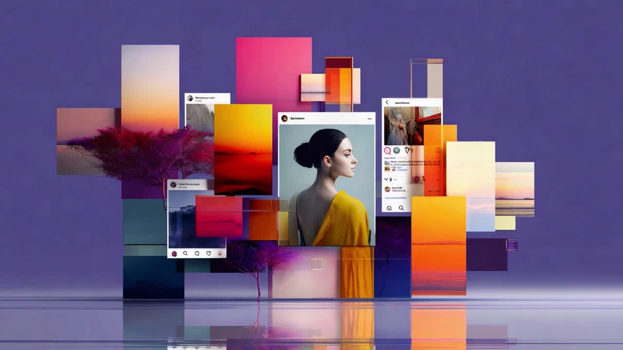 A captivating visual composition showcasing a serene figure in a vibrant environment filled with colorful overlapping panels and digital imagery, reflecting modern aesthetics and technology