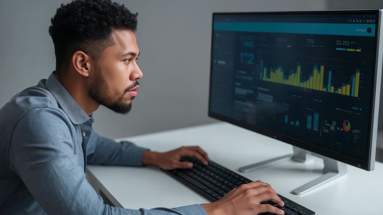 Reviewing data, analyst wearing grey shirt using keyboard mouse at office desk, viewing dashboard