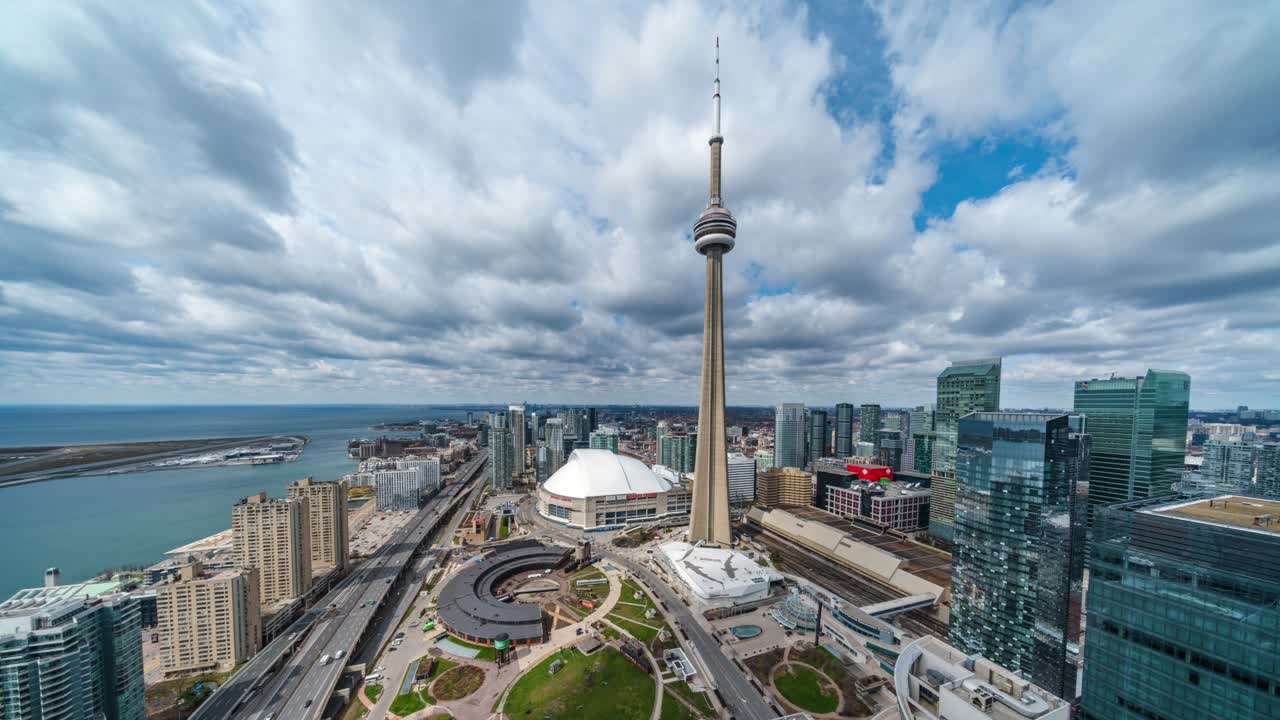 Toronto, Ontario, Canada, panoramic time lapse view of Downtown Toronto and Lake Ontario on a sunny day