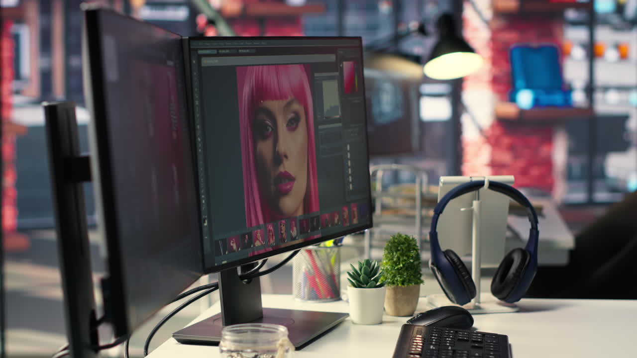 Inspiring creative workspace with professional editing software and AI chat bot