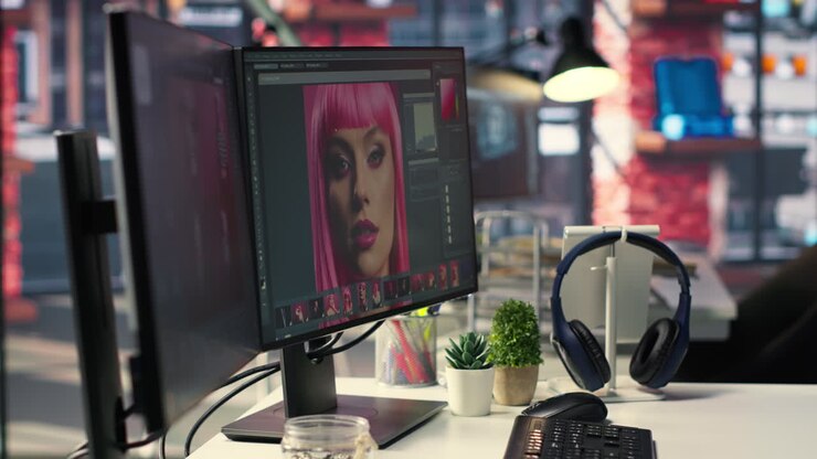 Inspiring creative workspace with professional editing software and AI chat bot