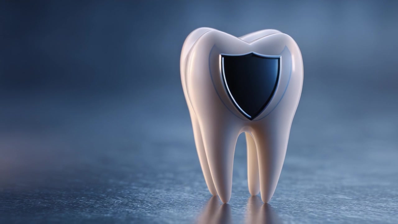 A Sleek, Modern Tooth Model with a Shield Symbolizing Dental Protection and Oral Health - A Creative Representation of the Importance of Dental Care and Hygiene
