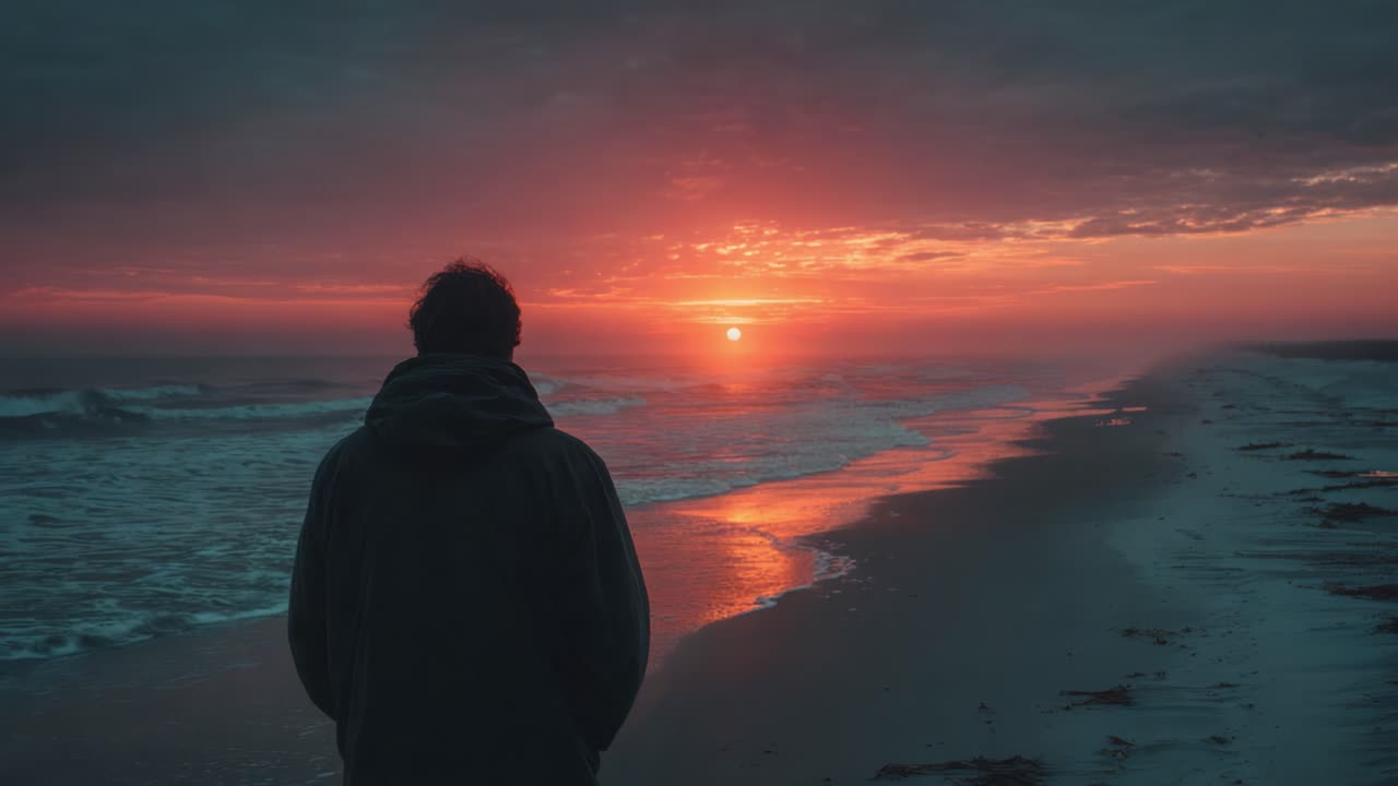 Contemplative Solitude by the Ocean at Dusk as Waves Gently Laps the Shore with a Stunning Sunset Creating a Reflection of Warm Colors on the Water's Surface