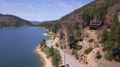 winding road along the shoreline of big bear lake, california