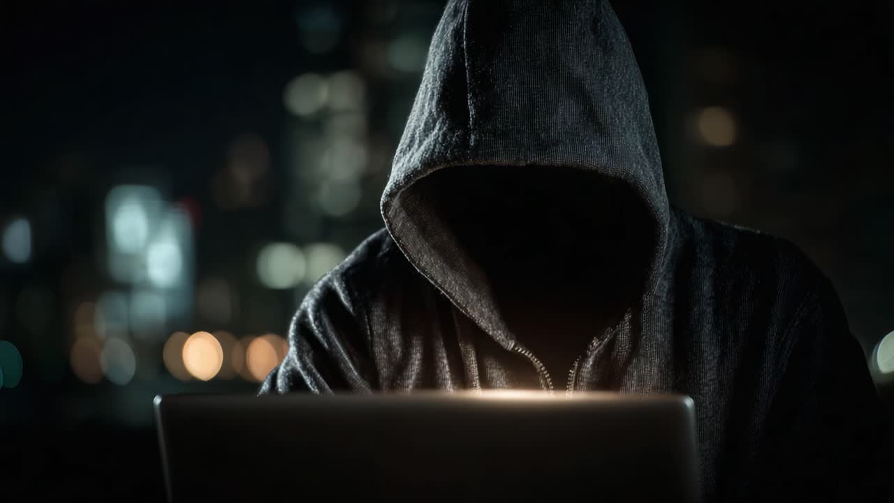 A Mysterious Figure in a Dark hoodie Engrossed in a Laptop at Night, Surrounded by Blurred City Lights, Illustrating the Intriguing World of Cyber Mysteries and Technology