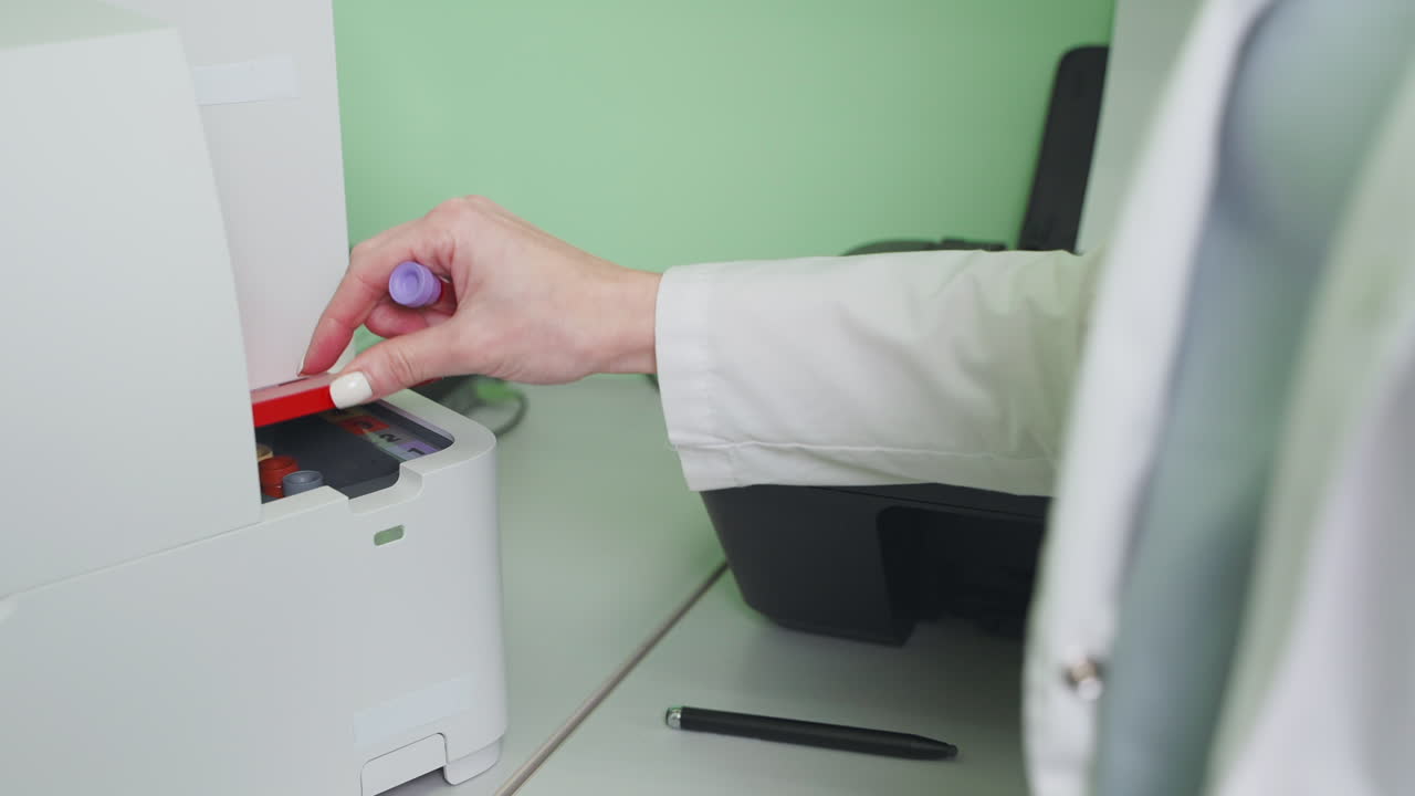 técnico médico cargando muestras de sangre en el analizador de laboratorio