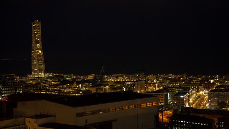 Iluminación-Nocturna-Del-Horizonte-De-La-Ciudad-De-Malmö