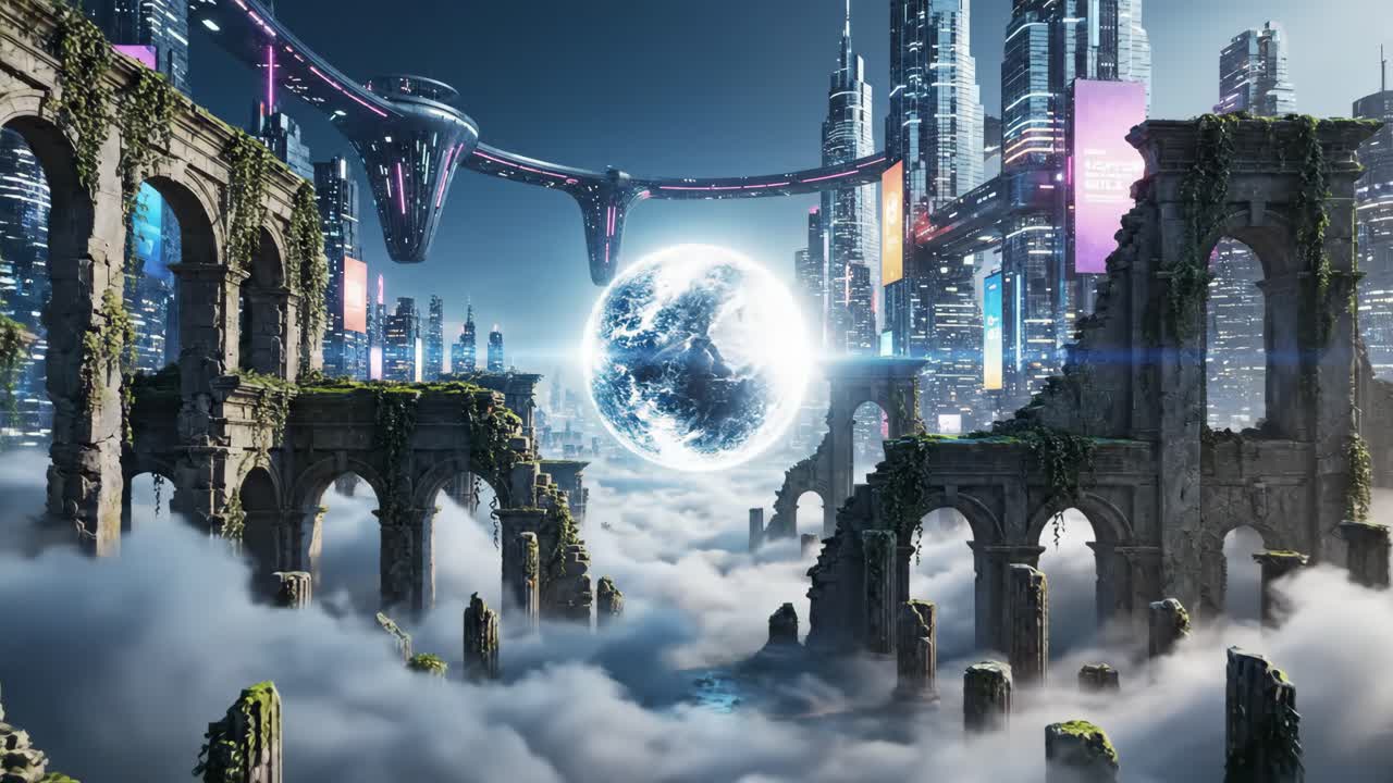 Futuristic Cityscape with Earth Globe and Ancient Ruins