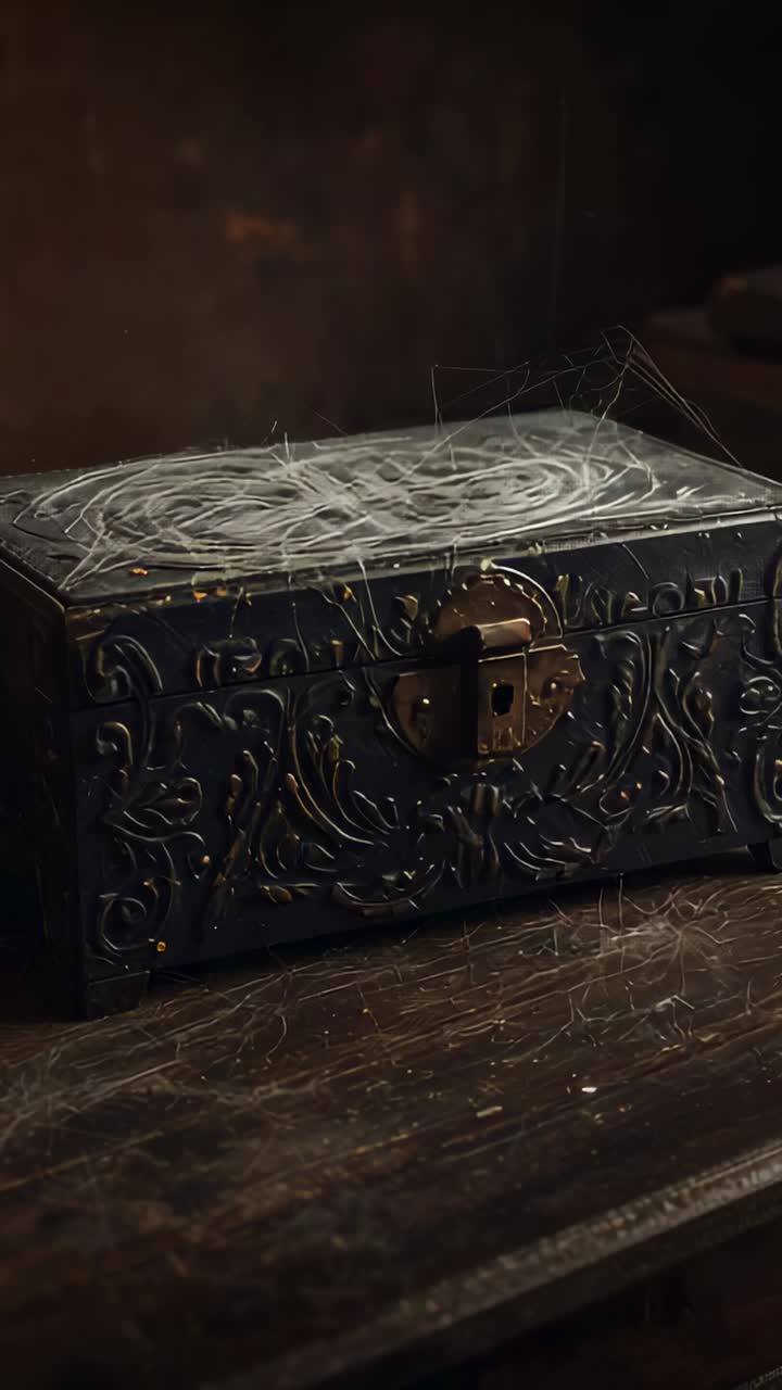 Vertical video: Panning cam revealing locked chest on worn table in study, web threads implying age