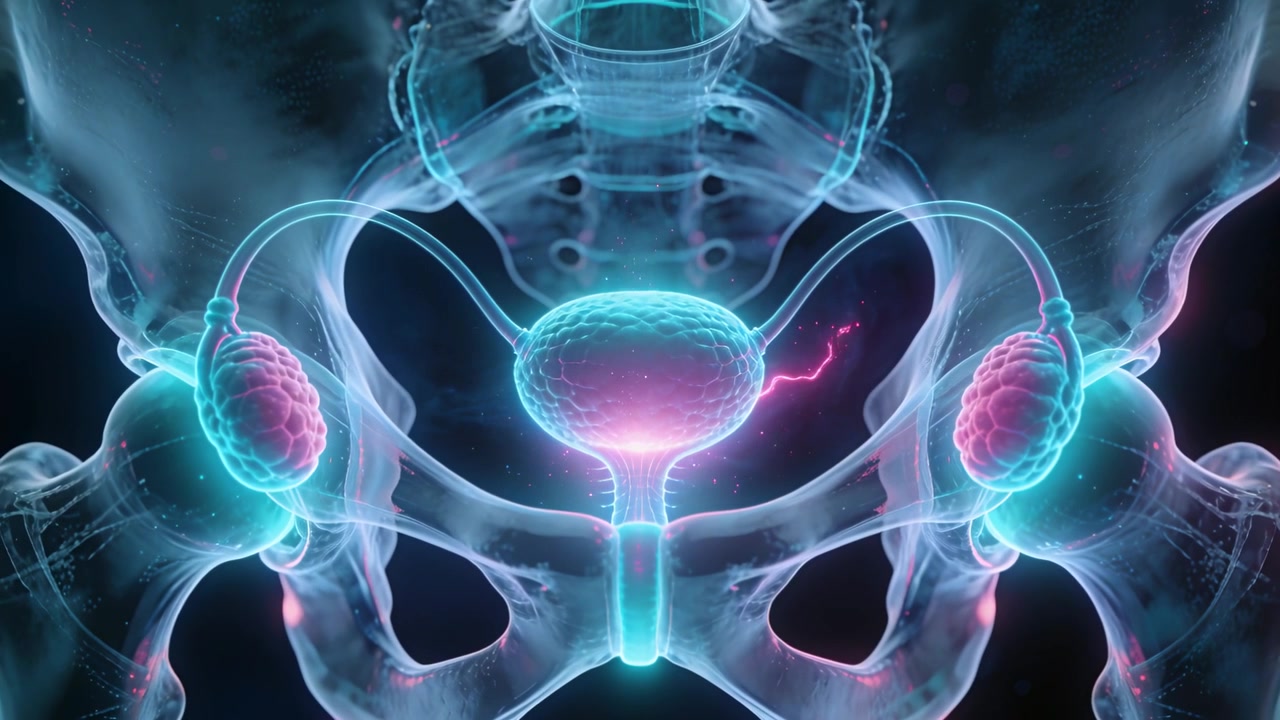 Animazione di ossa pelviche e utero in uno studio, un arco rosa che appare e poi traccia un filamento, segnalando.