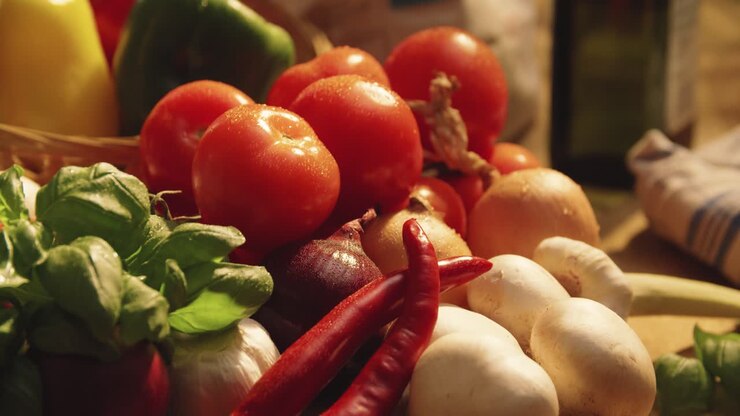 Close-up of mixed vegetables with hand picking one single tomato from the setting
