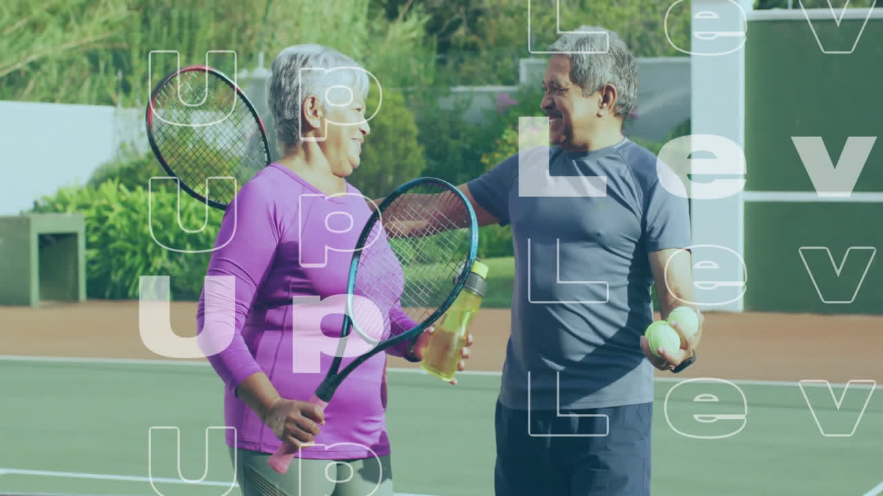 Senior couple holding rackets balls water bottle at tennis court, overlaying fitness graph
