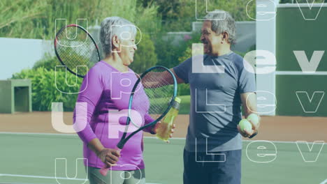 senior couple holding rackets balls water bottle at tennis court, overlaying fitness graph
