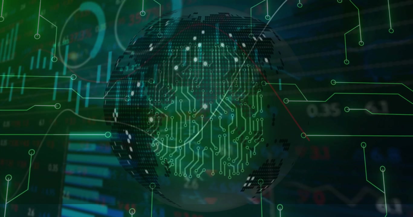 Digital Globe with Financial Data and Circuit Board Overlay