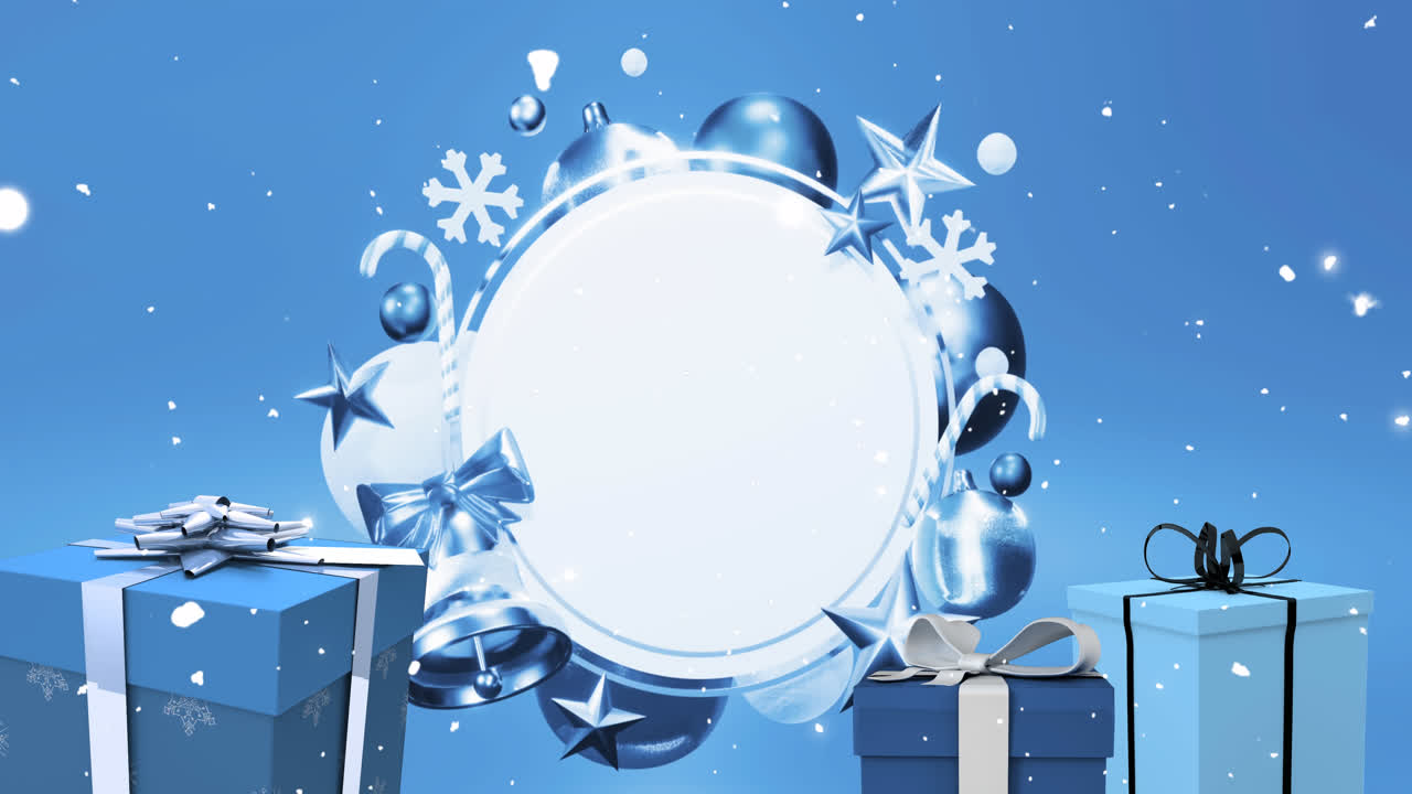 파란색 배경에 복사 공간과 함께 원 위에 눈이 떨어지고 크리스마스 장식의 애니메이션