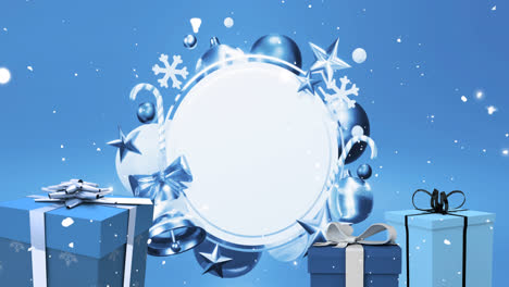 animation of snow falling and christmas decorations over circle with copy space on blue background