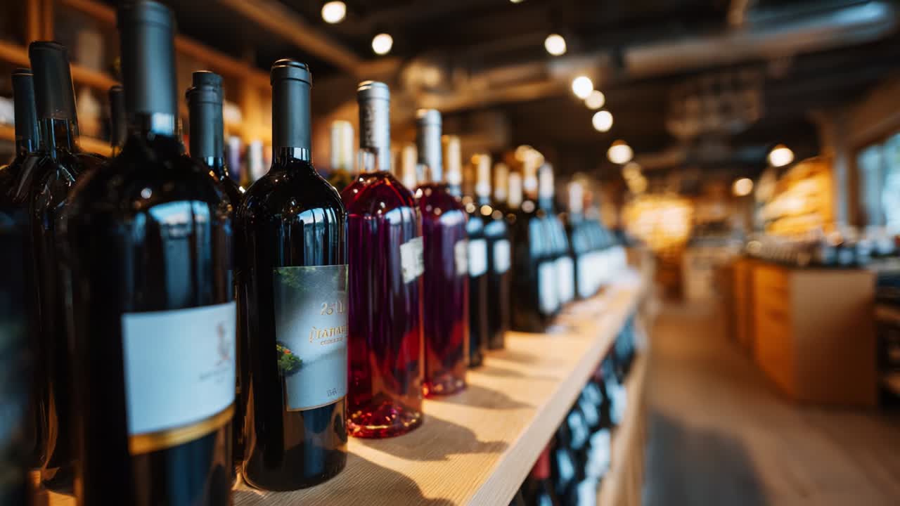A Captivating Display of Exquisite Wine Bottles in a Shelving Arrangement, Showcasing Various Colors and Labels Under Ambient Lighting in a Cozy Wine Shop Setting