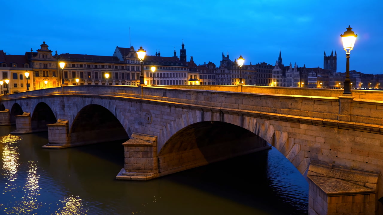 Blue Hour River Bridge Lit By Lampposts Casting Golden Reflections On Calm Water Beneath Stone Arches,