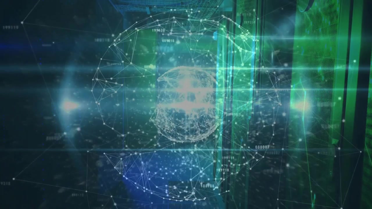 Esfera de rede digital renderizada em 3D flutuando, transmitindo pontos de dados, exibindo racks de servidores.