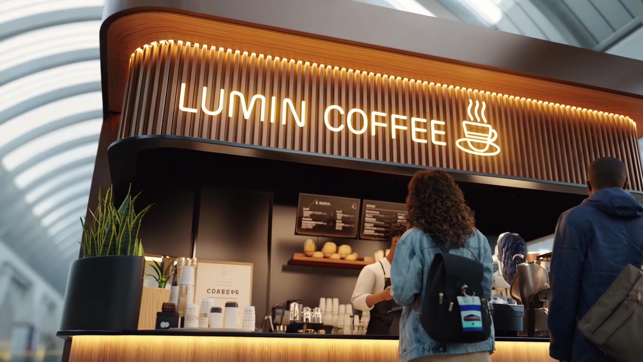 Clienti che ordinano caffè presso un chiosco bar moderno in aeroporto