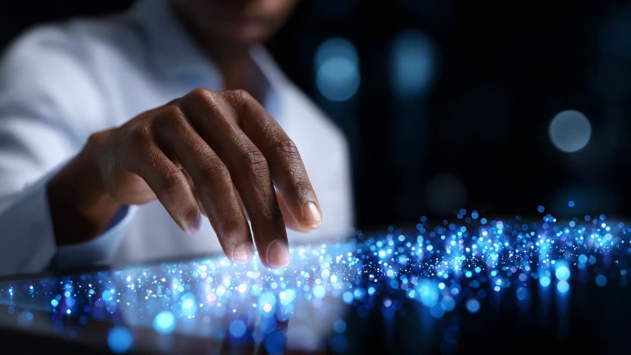 A close-up of a person's hand interacting with a vibrant, illuminated surface displaying sparkling blue light particles, showcasing the intersection of technology and human touch in a modern digital environment