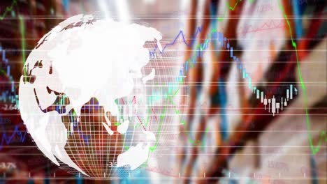 animation of globe and financial data processing over warehouse