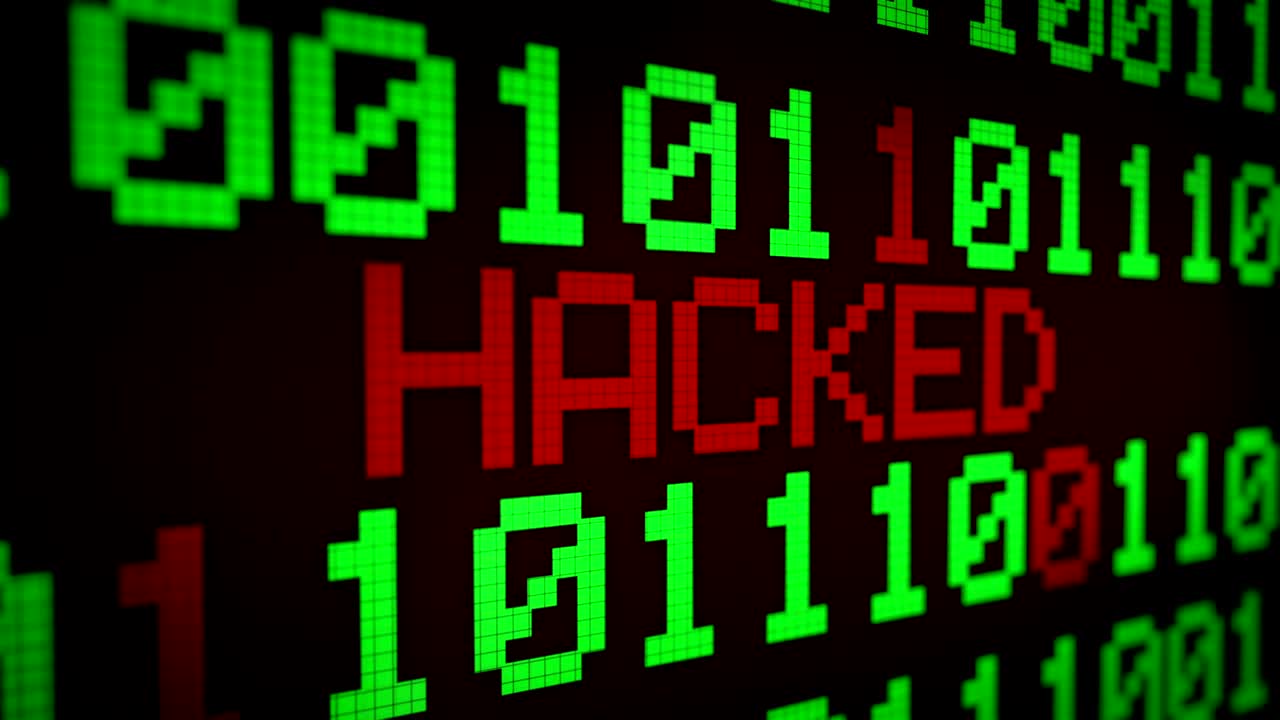 animación 3d: fondo animado en bucle con líneas en ejecución con código binario y texto brillante "hackeado" de color verde claro y rojo en la pantalla negra. píxeles. 4k. bucle sin costuras.