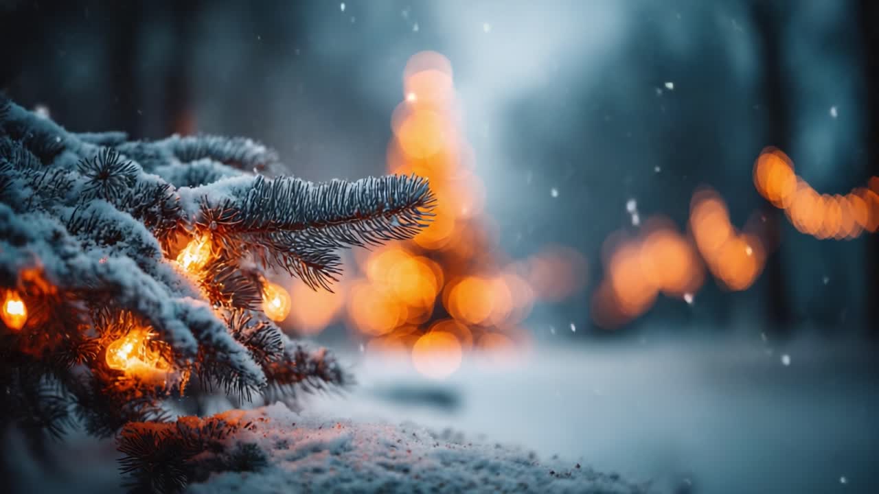 A Magical Winter Wonderland: Snow-Covered Pine Trees Adorned with Glowing Lights Create a Serene and Enchanting Holiday Atmosphere in a Snowy Landscape