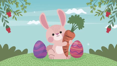 feliz animación de pascua con conejo levantando zanahoria y huevos