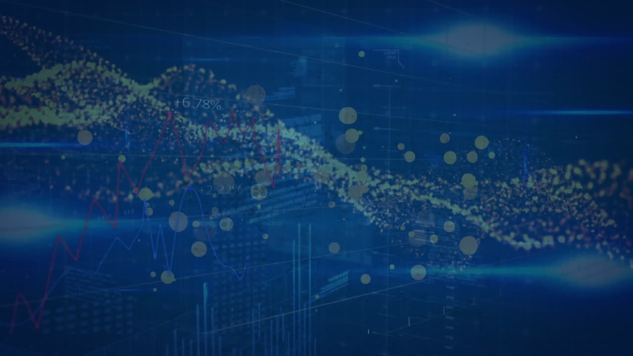 Animation of spots and data processing on blue background