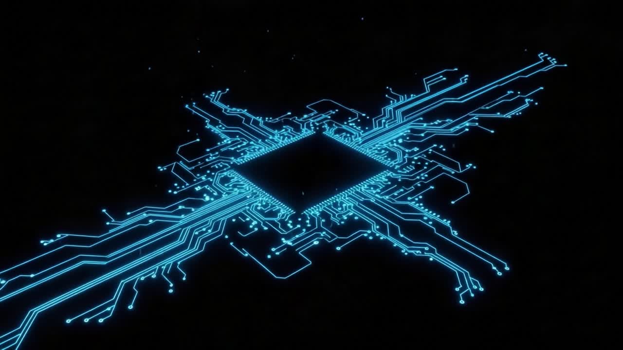 A Stunning Visualization of a Central Processing Unit with Intricate Blue Circuitry Radiating Electrically on a Dark Background, Highlighting Modern Technology's Core