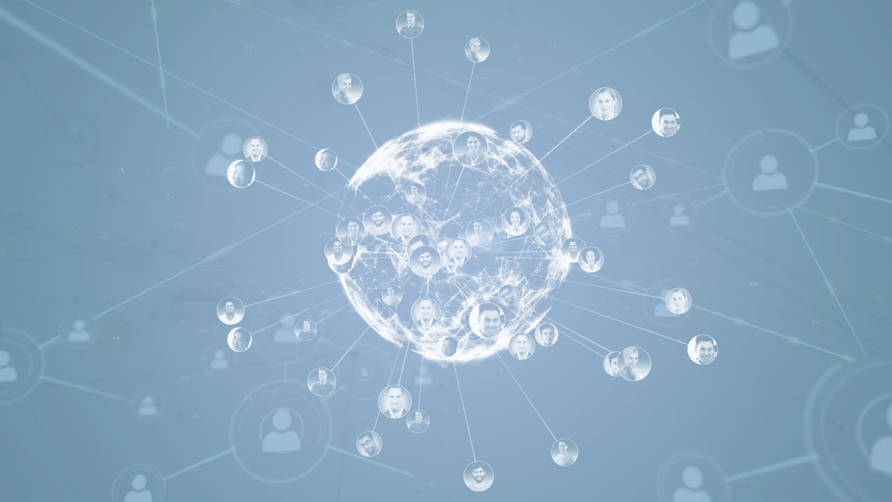 파란색 배경 위에 아이콘과 글로브로 연결된 네트워크의 애니메이션