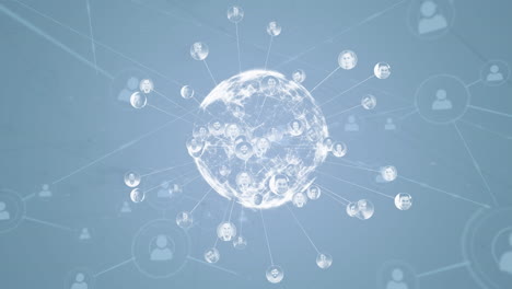 animation of network of connections with icons and globe over blue background
