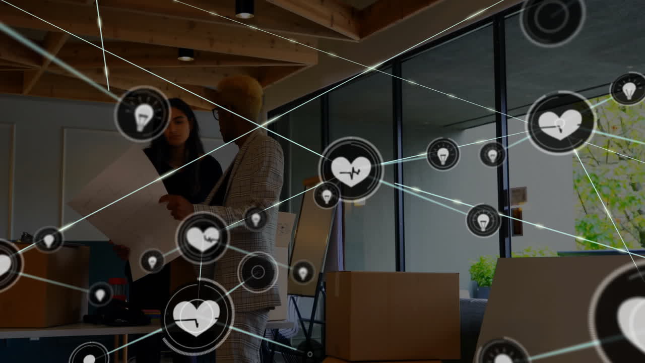 red de conexiones y animación de procesamiento de datos en reuniones de negocios en la oficina