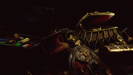 Ancient treasures lie among golden artifacts in a forgotten chamber