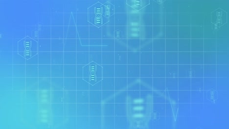 animation of medical dna icons and data processing over grid on blue background