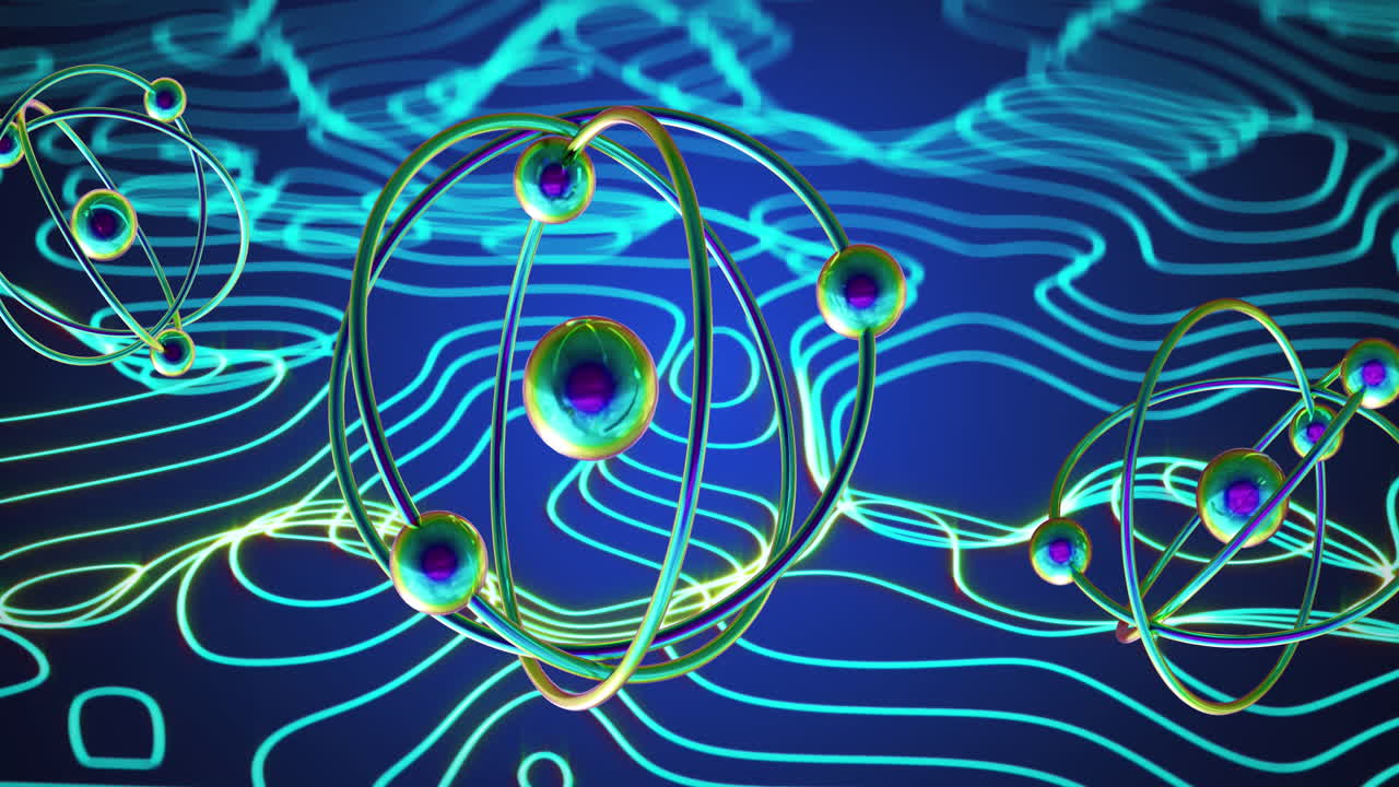 animación de micro modelos de átomos sobre líneas en fondo azul