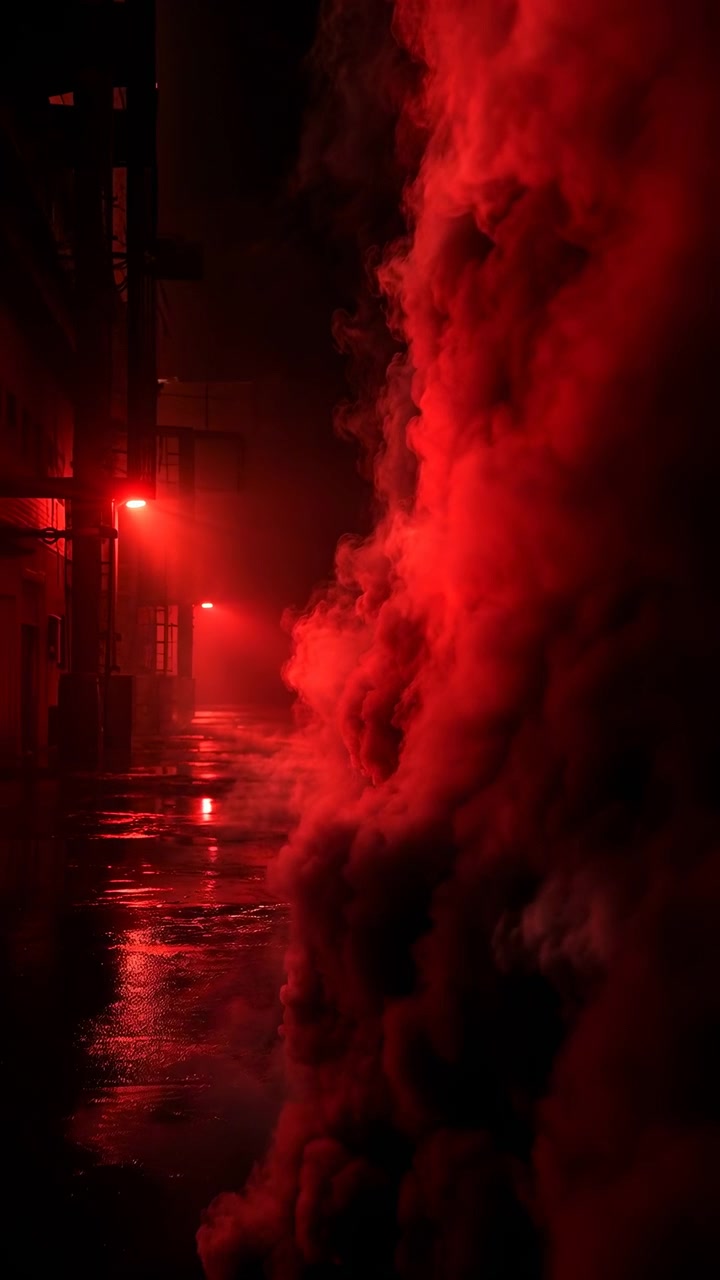 Thick crimson smoke rolls upward and toward foreground, changing shape between frames as red lamps illuminate textured vapor, wet ground reflections, and deep architectural shadows.