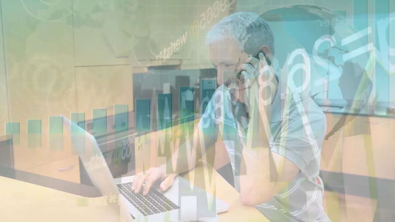 노트북 및 스마트폰을 사용하여 금융 데이터 처리 및 지구상의 사람의 애니메이션
