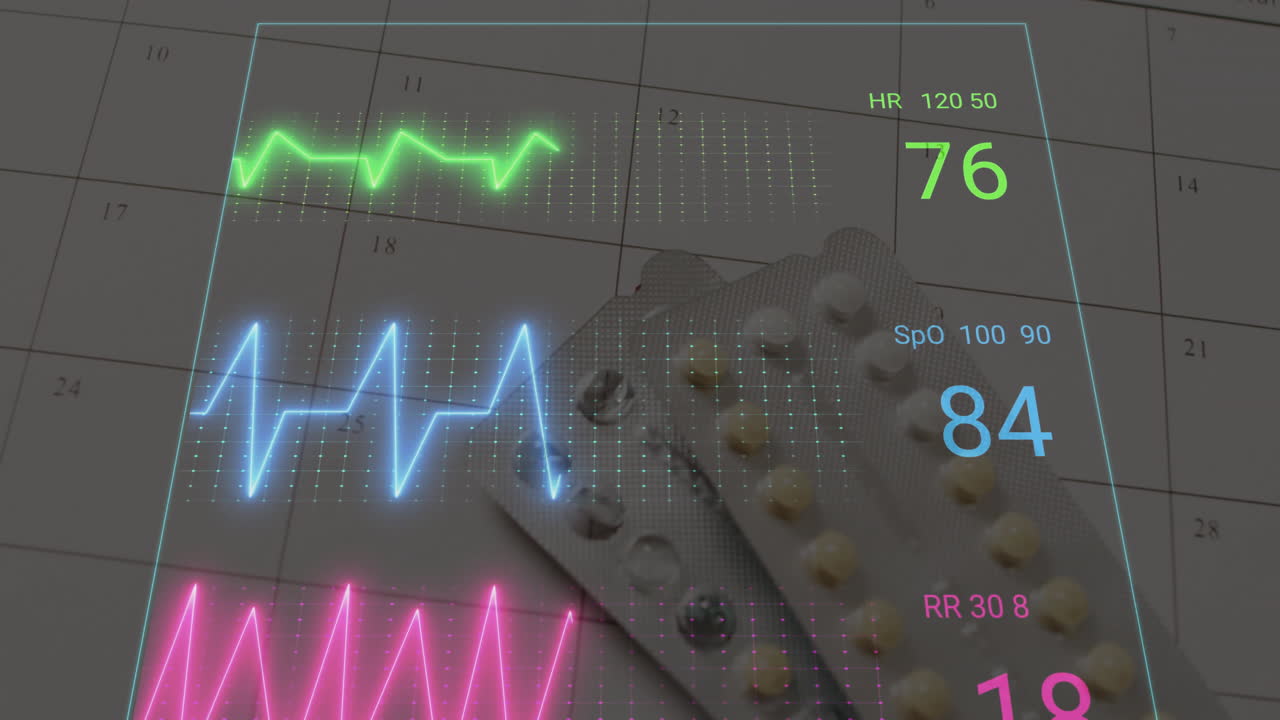 Animation of cardiograph over pills and calendar