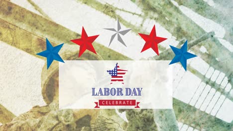 animation of labor day text over soldier with gun