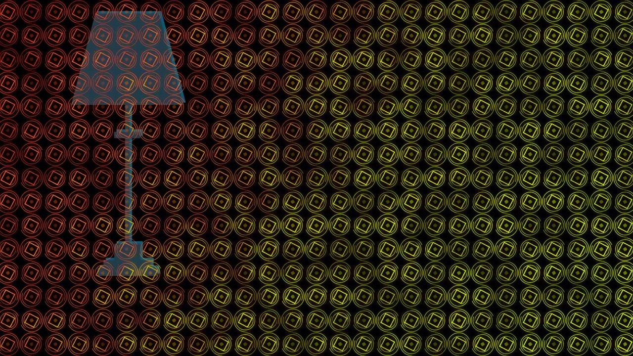 Animazione di una lampada elettrica blu sopra una forma geometrica multicolore su sfondo nero.