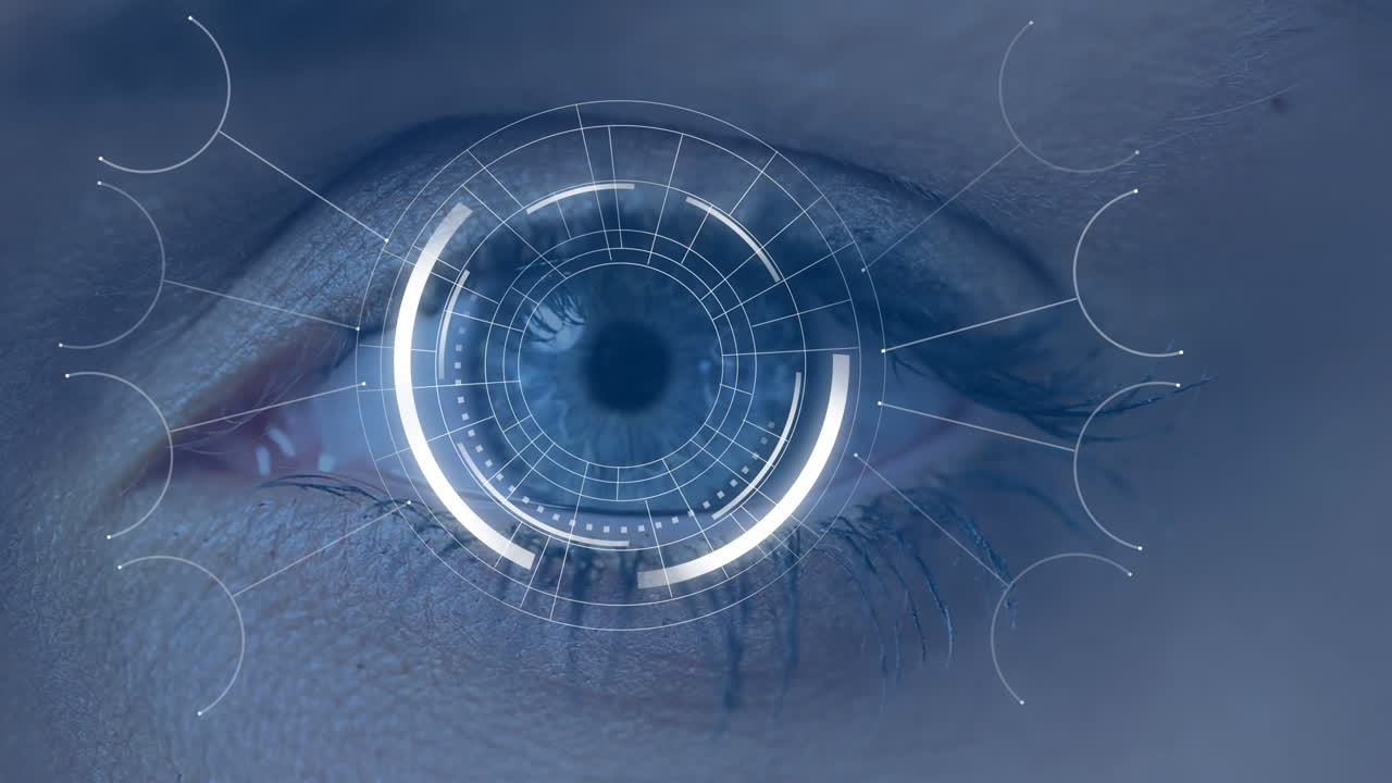 animación de la red de conexiones sobre el ojo femenino en fondo oscuro