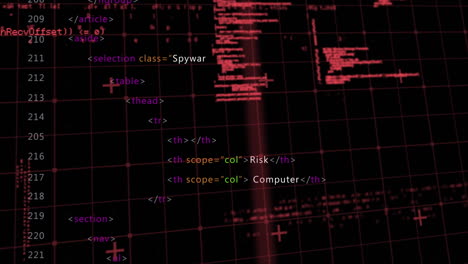 animación del texto de advertencia, codificación binaria y procesamiento de datos por cuadrícula