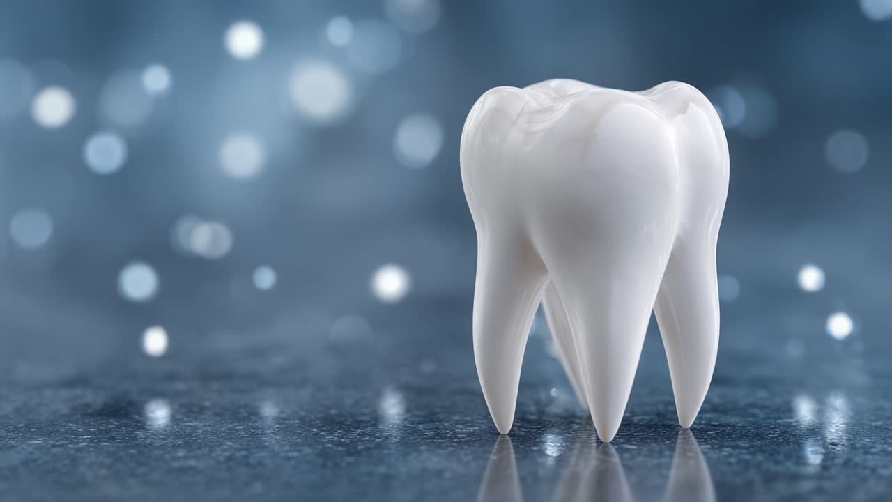 A close-up view of a pristine, white tooth against a softly blurred, bokeh background, highlighting the importance of dental health and hygiene in our daily lives