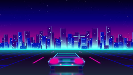 animación de la carretera con cielo azul y rosa por la noche