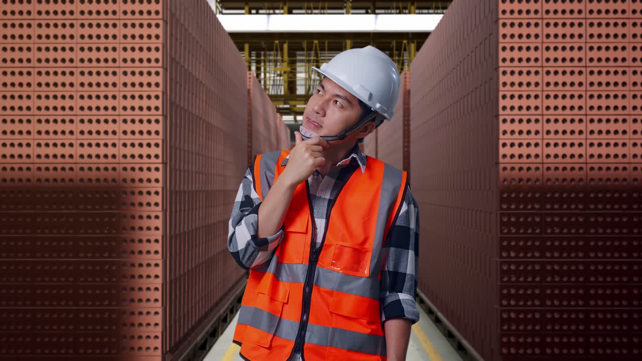Asian Male Engineer With Safety Helmet Thinking And Looking Around Then Raising His Index Finger While Standing With Red Brick Packed in Stacks Are Stored