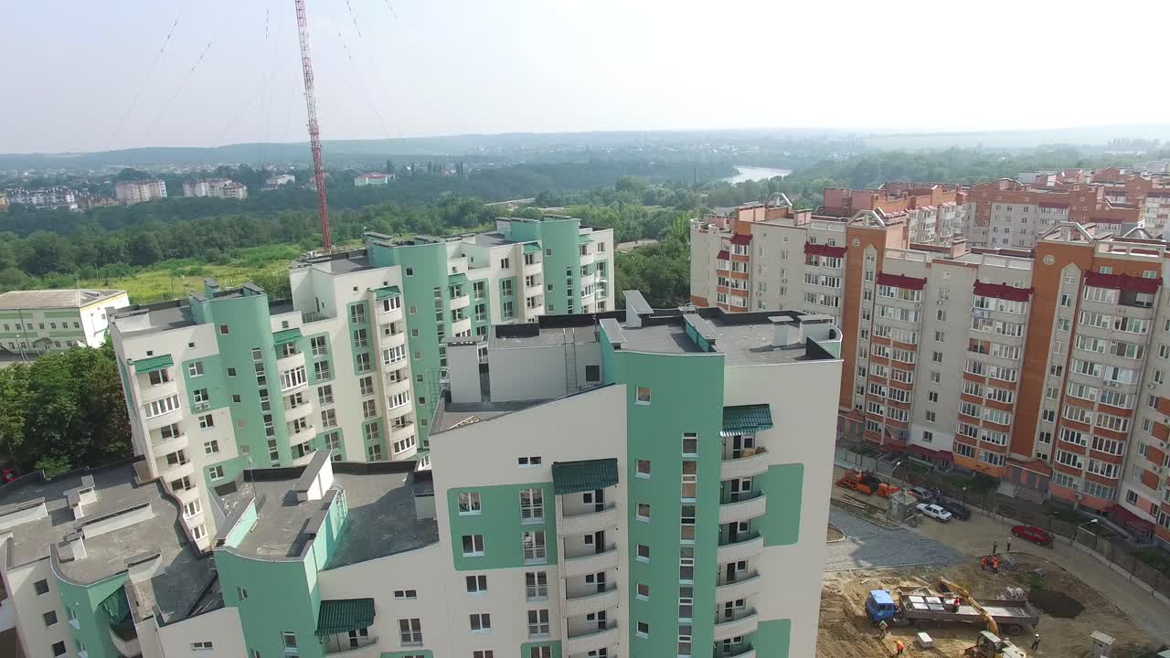 Panoramic view of modern residential complex in the city. Modern design of a multy-storeyed buildings in a new construction area. Aerial view